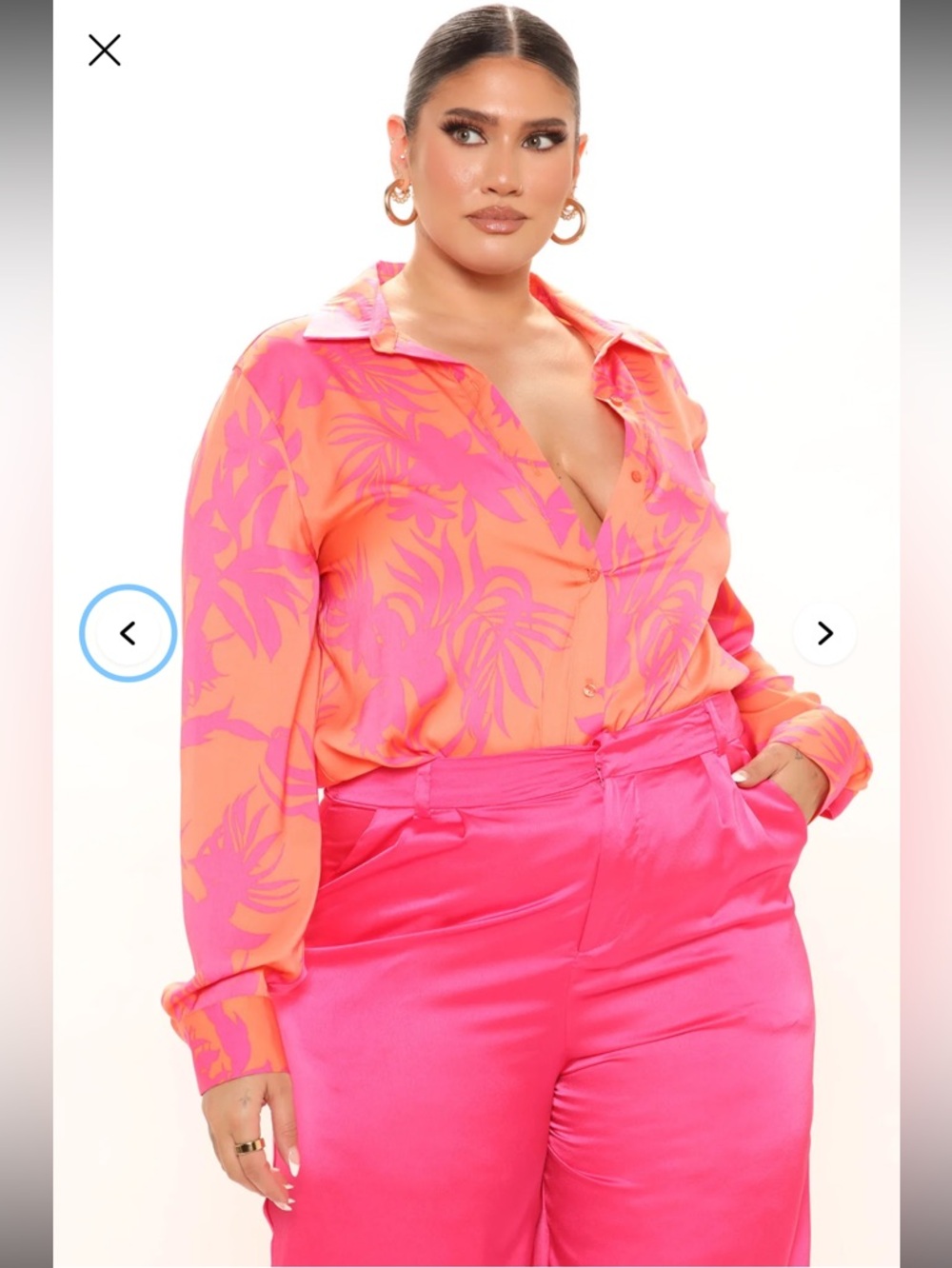 Fashion Nova Orange & Pink Satin Button-Up Shirt
